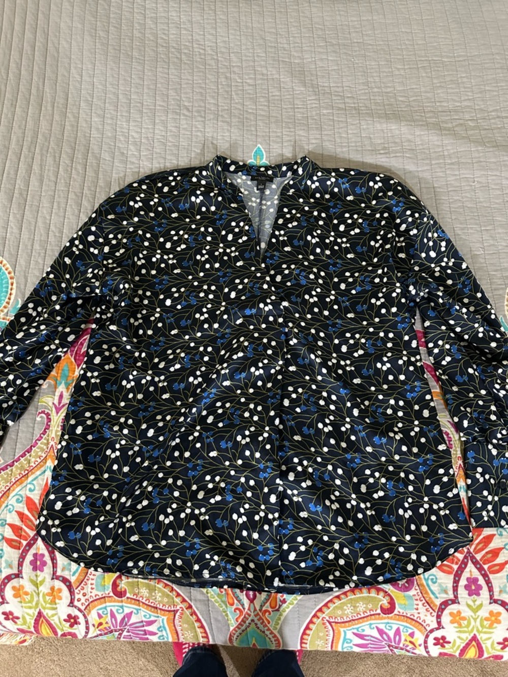 Ann Taylor Black Long Sleeve V-Neck Blouse with Blue & White Floral Print